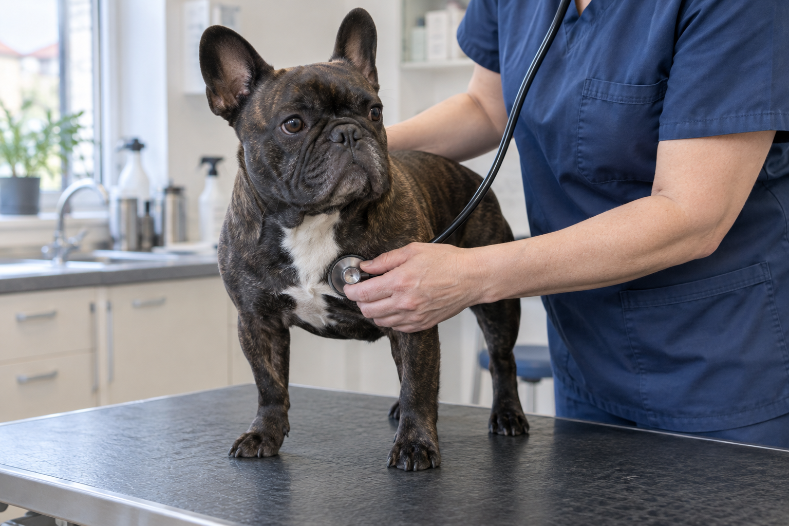 Veterinář poslouchá dýchání francouzského buldočka stetoskopem